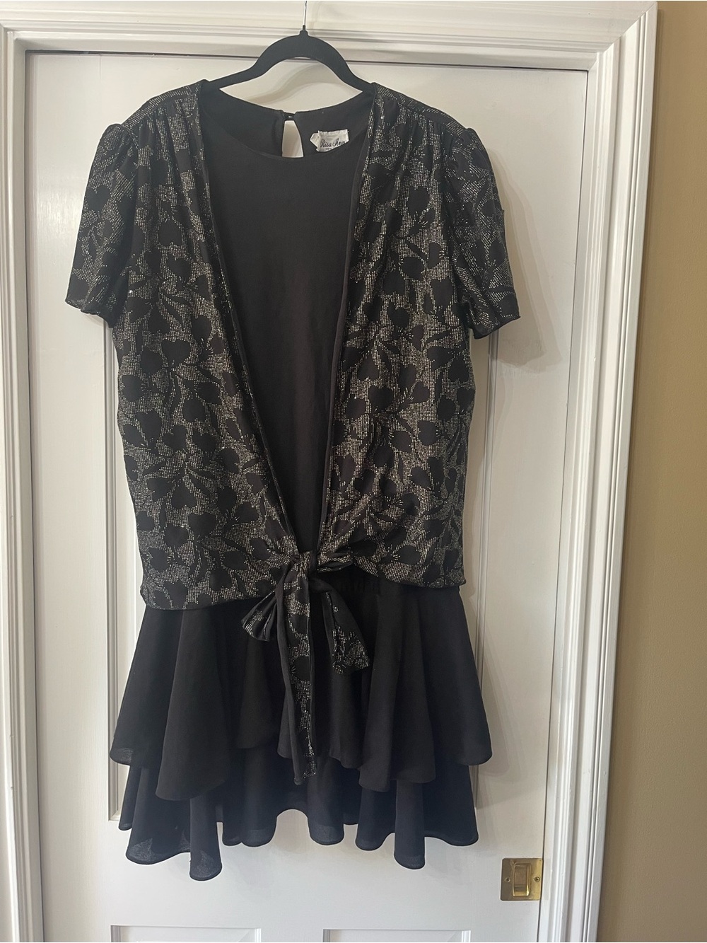 Vintage  70,s Metallic Black Tie-Front Tiered Mini Dress